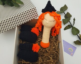 Halloween Gift for Baby, Halloween Baby Shower Gift, Sweet Witch Rattle, Crochet Halloween Booties