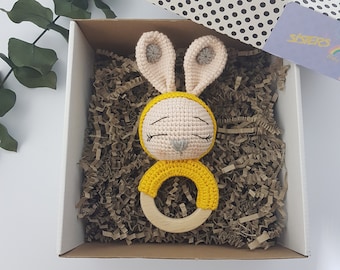 Rabbit Baby Rattle, Uncinetto Rattle per bambino, Giocattolo sensoriale, Bunny Rattle, Regalo per bambino