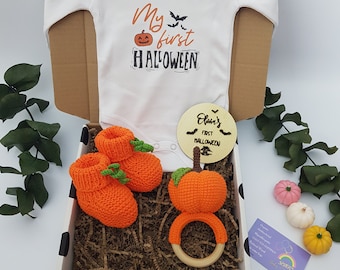 Personalized Baby Gift for Halloween, Pumpkin Rattle, First Halloween Girl, Halloween Boy, Baby Bodysuit, Crochet Booties