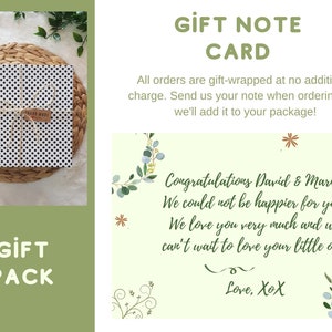 May include: A gift note card with a green floral design and the text "Congratulations David & Maria! We could not be happier for you. We love you very much and we can't wait to love your little one! Love, XoX".