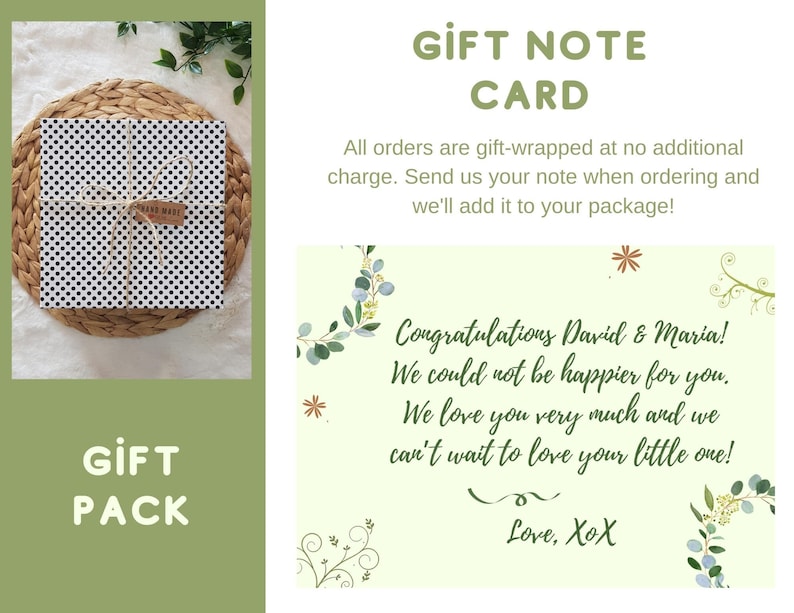 May include: A gift note card with a green floral design and the text "Congratulations David & Maria! We could not be happier for you. We love you very much and we can't wait to love your little one! Love, XoX".