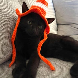 May include: A black cat wearing a crocheted hat shaped like a traffic cone. The hat features horizontal orange and white stripes, a wide brim, and two long orange crocheted ties hanging down on either side of the cat's face.