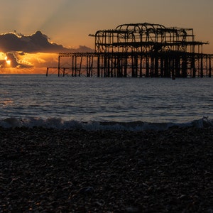 Sunset at the West Pier at Brighton Beach. Digital Photography, download, downloadable, Print at home, wall art jpg. Essex, England, beach.