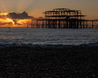 Sunset at the West Pier at Brighton Beach. Digital Photography, download, downloadable, Print at home, wall art jpg. Essex, England, beach.