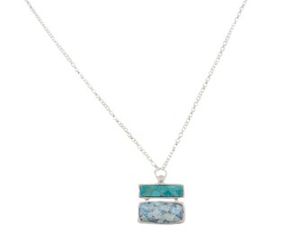 Roman Glass and Turquoise Pendant in Sterling Silver on Chain. Handmade Israeli Jewelry. Ancient Roman Glass Pendant. Gift for Her