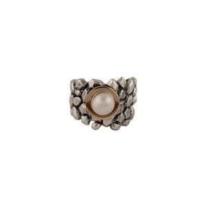 Sterling Silver Artisan Ring with Pearl and Gold Handmade in Israel