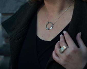Handmade in Israel. Sterling Silver Two Tone Circle Pendant with Cubic Zirconia. Oxidized Silver Pendant. Gift for Her