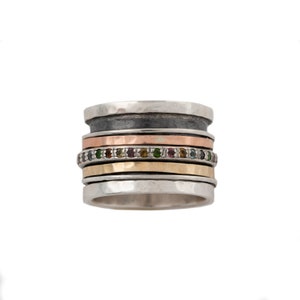 Tourmaline Statement Meditation Ring. Handmade Israeli Ring. Sterling Silver and Gold Spinning Ring, Handmade Israeli Jewelry, Gift for Her