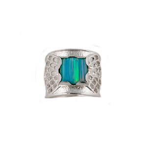 Statement Sterling Silver Ring with Opal Stone. Handmade Israeli Jewelry. Blue Stone Ring. Wide Sterling Silver Band. Gift for Her