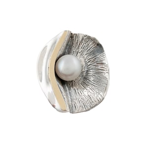 Pearl Ring. Statement Sterling Silver Ring with Gold Accents. Artisan Ring. Silver and Gold Textured Ring. Gift for Her