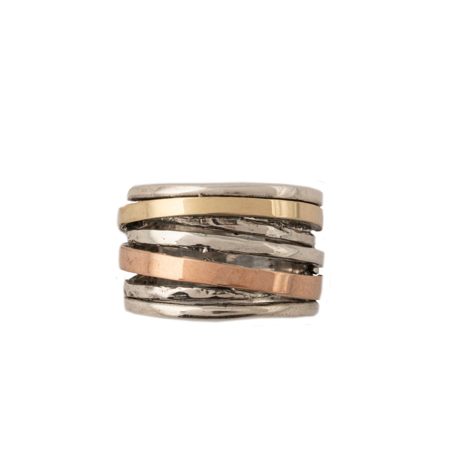 Three Tone Gold and Sterling Silver Ring. Rose and Yellow Gold Sterling Silver Band. Handmade in Israel. Gift for Her