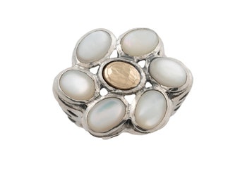 Mother of Pearl Statement Ring. Sterling Silver and Gold Ring. Handmade Israeli Jewelry. White Stone Ring. Gift for Her