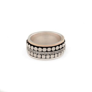 Handmade in Israel. Sterling Silver and Gold Meditation Ring with Cubic Zirconia. Unique Textured Design, Gift for Her