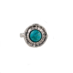 Turquoise Stone and Sterling Silver Ring. Handmade Israeli Jewelry. Round Shape Ring. Textured Silver. Gift For Her