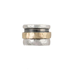Sterling Silver and Gold Meditation Ring-Handmade Israeli Jewelry- Two Tone Hammered Spinner Ring-Meditation Wedding Band-Gift For Her