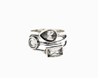 Stackable Look Sterling Silver Ring with Cubic Zirconia. Three Rings in One! Handmade in Israel. Fundky Different Shape Rings. Gift for Her
