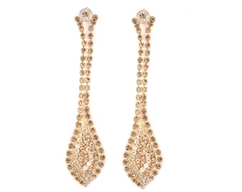 Gold Swarovski Crystal Earrings. Art Deco Dangle Earrings. Handmade Israeli Jewelry. Evening Party Jewelry. Gift for Her