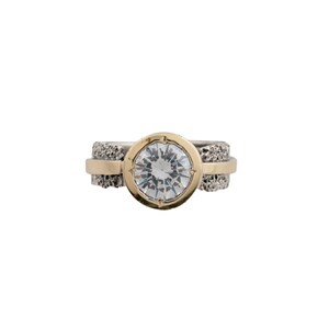 Sterling Silver and Gold Ring,  Textured Sterling Silver with Center Cubic Zirconia. Handmade Israeli Jewelry. Engagement/Wedding Band