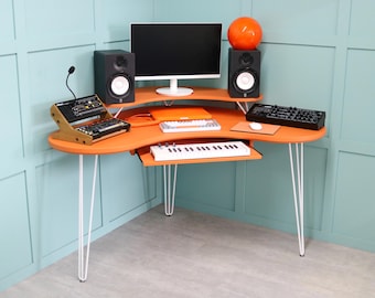 Space Age Orange Music Workstation – Retro Studio Desk on Hairpin Legs, 120cm x 120cm