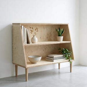 Birch Plywood Bookcase – LIDO Range, Handmade Retro Media Unit on Wooden Legs