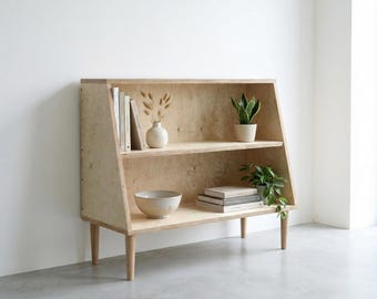 Birch Plywood Bookcase – LIDO Range, Handmade Retro Media Unit on Wooden Legs