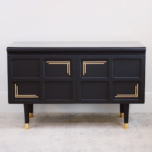 Nathan Squares LP Style Cupboard / Media Unit in Black with Gold Art Deco Motifs, Brass Overlaid Wooden Legs and Tinted Perspex Topper - MCM