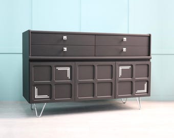 Art Deco Style Sideboard, Corner Unit – Nathan Matt Black & Silver Credenza, Mid Century Modern