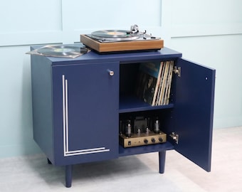 Art Deco Record Cabinet Media Unit - Dark Blue & Chrome / Silver, MCM Storage Cupboard