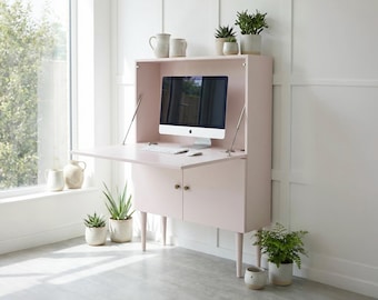 Fold Away Secretary Desk – Scandinavian Mid Century Inspired Pull-Down Desk & Cupboard, Calamine