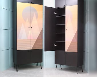 Custom Made Cabinetry with Geometric Artwork Doors, Bespoke Cupboard Storage Bookcase