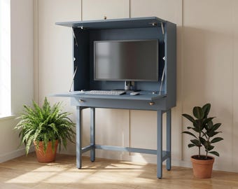 Modern Secretary Desk – Dual Opening Fold Away Mid Century Inspired Workspace with Drawer, Seattle