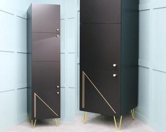 Tall Boy Cupboard with Geometric Art Deco Detail, Storage Cupboard on Hairpin Legs