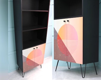 Custom Made Cabinetry with Geometric Artwork Doors, Bespoke Cupboard Storage Bookcase