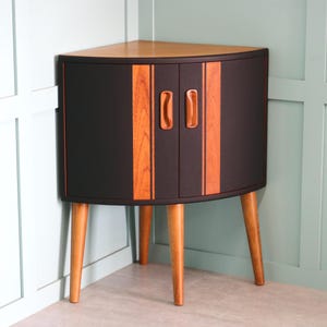 Restyled Mid Century Modern Curved Corner Drinks / Storage Cabinet / Cupboard - Customised - Black - Teak - Vintage - Retro - MCM - 70s Era