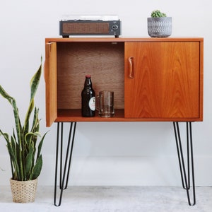 Mid Century Modern Record LP Cabinet / Cupboard on Tall Black Hairpin Legs - G Plan Fresco - Teak - Retro - Vintage - Man Cave - Refurbished