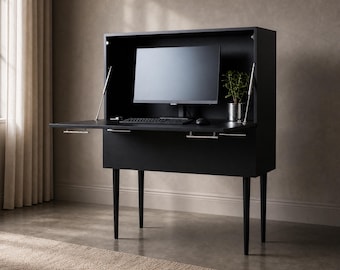 Dual-Opening Secretary Desk in Black & Chrome – Mid Century Inspired Pull-Down Workstation with Storage, Obsidian