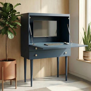 Könnte beinhalten: Ein blauer Sekretärschreibtisch mit einer herunterklappbaren Schreibfläche und einem eingebauten Monitor. Der Schreibtisch hat zwei Schubladen mit goldenen Knöpfen und schlanken Beinen. Eine Tastatur und eine Maus liegen auf dem Schreibtisch. Topfpflanzen stehen links und am Fenster.