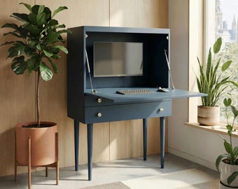 Fold Away Secretary Desk – Mid Century Modern Pull-Down Floating Desk with Drawers, Sailor