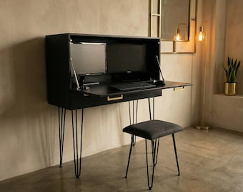 Mid Century Inspired Secretary Desk – Black & Gold Bespoke Build Bureau, Hudson