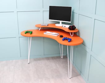 Retro-Inspired Corner Gaming / Music Workstation Desk on Hairpin Legs - Orange & White, 110cm x 110cm