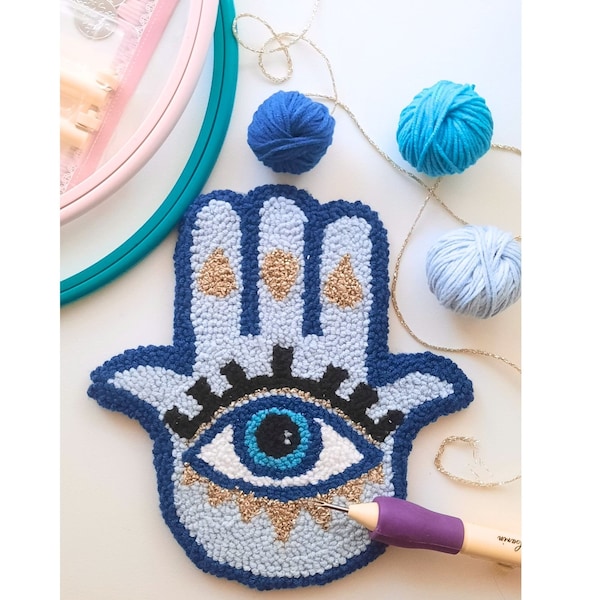 Hamsa Hand Stanzkissen Kit, Anfänger Punch Needle Stickerei Kit, Evil Eye Wandbehang