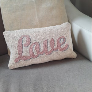 Pink Color Love Punch Embroidered Mini Pillow, Valentine's Day Pillow Gift, Love Lettering Mini Punch Pillow image 1