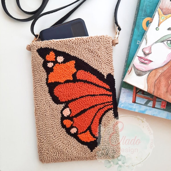 Butterfly Punch Needle Phone Bag , Orange Butterfly Purse, Embroidered Mini Crossbody Phone Bag, Holiday Gift For Mother