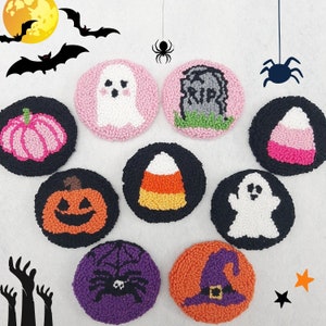 May include: Nine colourful felt ornaments with various Halloween themes, including a pumpkin, a ghost, a spider, a tombstone with the text "RIP", a candy corn, a witch's hat, a spider, a ghost, and a pumpkin.