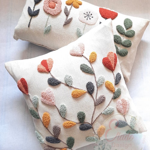 Punch Needle Floral Cushion Cover Floral Pillow Scatter Etsy