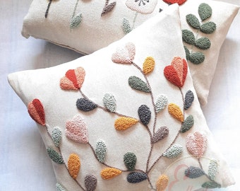 Handmade Fall Floral Pillow Covers, Tufted Cushion Cases - Hostess & Mother's Day Gift, Set of 2