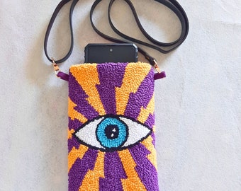 Evil Eyes Phone Bag, Mini Crossbody Purple  Yellow Bag, Unique Holiday Gift for Women, Gift for Mom