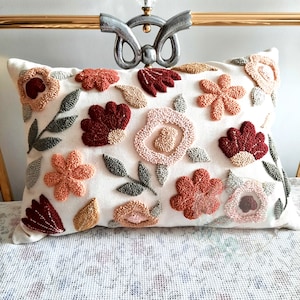 Decorative Flower Pillow Cover, Abstract Floral Punch Needle Pillow, 14x 20 Cushion Case,  Home Decor for Mom, Unique Gift