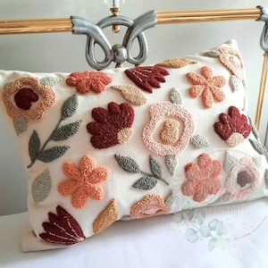 Floral Punch Needle Pillow Cover, Burgundy Abstract Flower Cushion, Handmade 14x20