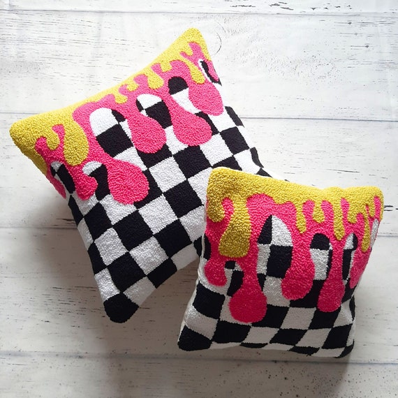 Checkered Pillow, Room decor aesthetic for girls, Neon Pink & Lemon Ice Cream Tufted Pillow